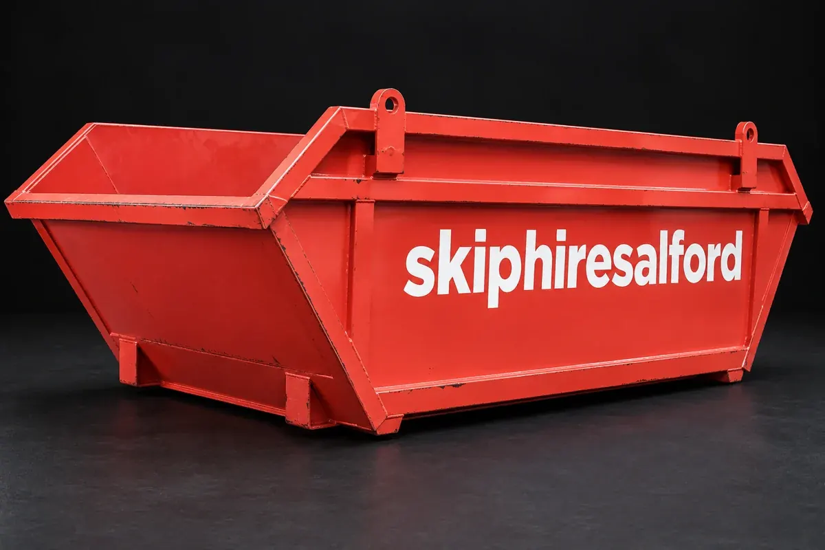 Coral red skip container branded with the skiphiresalford name