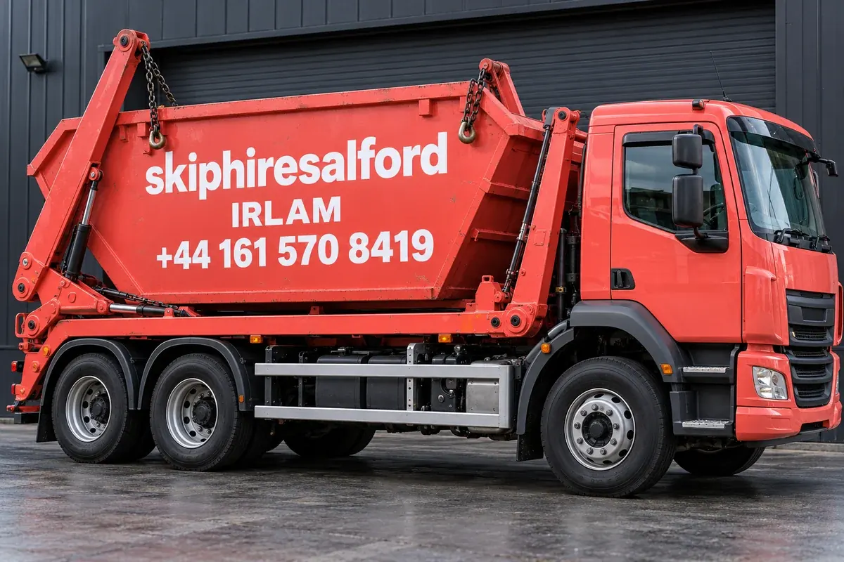 Coral truck with skiphiresalford, Irlam and +44 161 570 8419 on its container