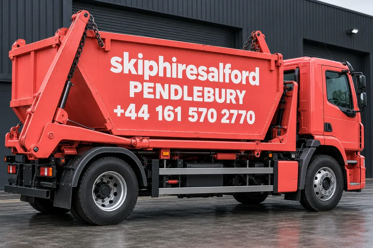 Coral truck with skiphiresalford, Pendlebury and +44 161 570 2770 on its container