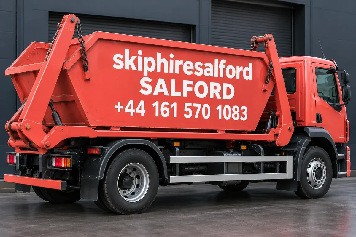 Coral truck with skiphiresalford, Salford and +44 161 570 1083 on its container